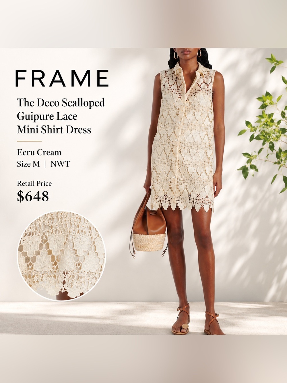 FRAME The Deco Scalloped Guipure Lace
Mini Shirt Dress Ecru Cream M NWT